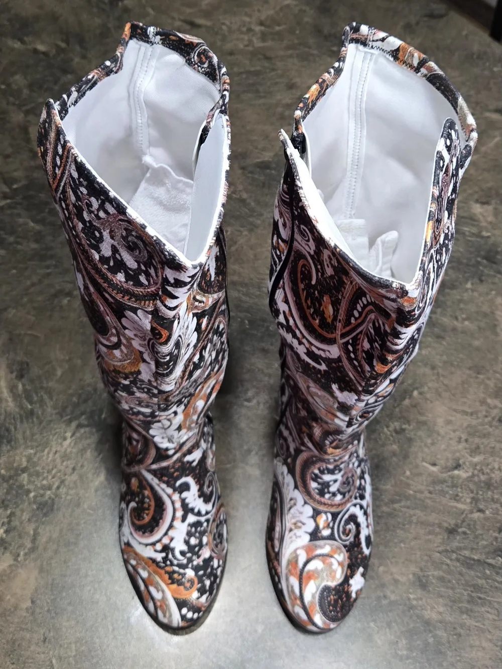 Women's Paisley Pattern Knee-High Heeled Boots #1274 - Picture 2 of 8